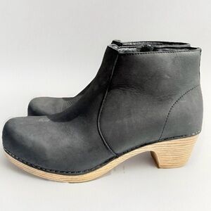 Dansko Black Leather Ankle Booties with Wood-Effect Heel